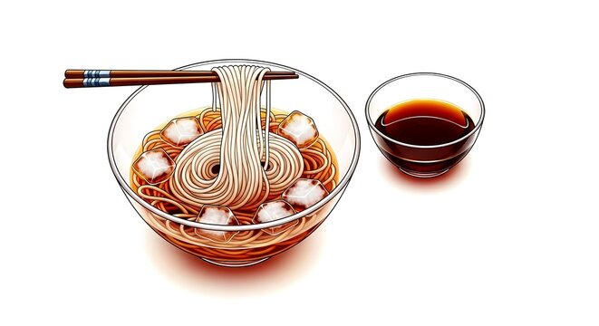 Elegant Japanese minimalism, a bowl of chilled Kuzukiri noodles, a small dish of dark brown sugar syrup (kuromitsu), in a palette of transparent crystal, amber, pure white