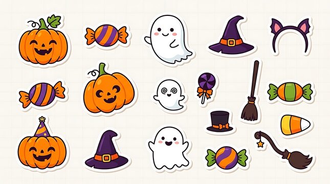 Halloween stickers with pumpkins ghosts candy and witch hats