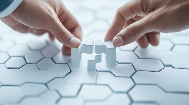 Close-up of hands connecting white jigsaw pieces on a clean, light blue hexagonal grid, symbolizing strategic business problem-solving and partnership, Collaboration, Strategy