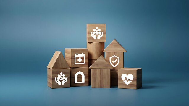 Wooden blocks with healthcare icons arranged in house shape symbolizing family health insurance and protection concept for secure life and well being for everyone.