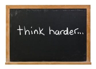Fototapeta premium Think harder AI prompt written in white chalk on a black chalkboard isolated on white