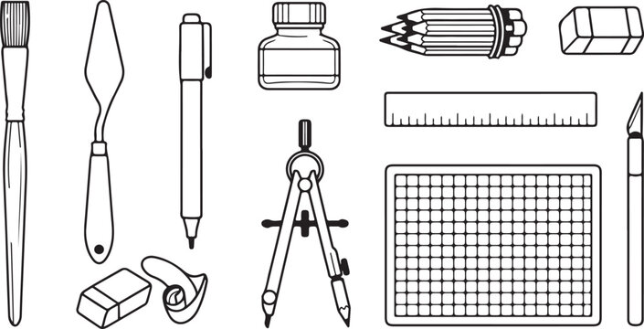 Art Supplies Line Icon Set Vector &ndash; Drawing & Sketching Tools Illustration