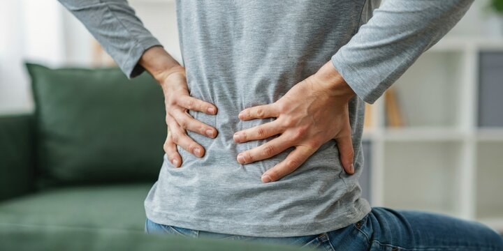 Person suffering from lower back pain sitting on couch at home while touching sore area with hands for relief.