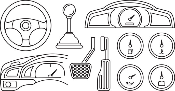 Car Interior Icon Set Vector &ndash; Dashboard, Steering Wheel & Gauge Illustration