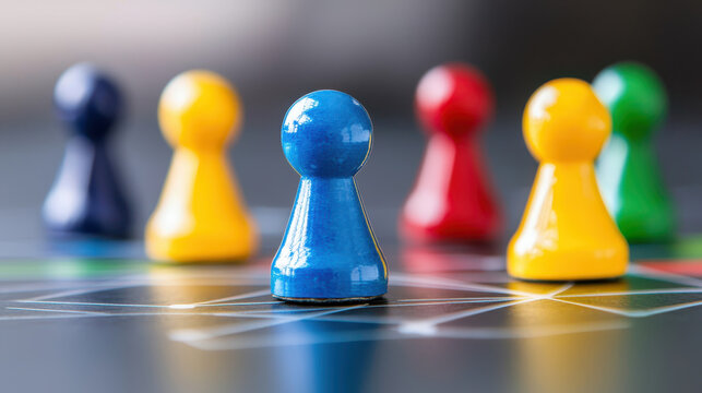 Colorful game pieces stand on board, representing strategy and competition in playful setting