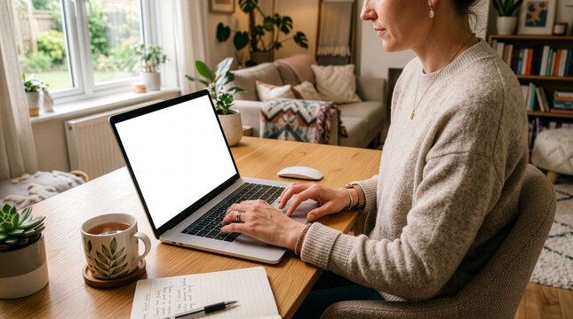 Woman Working on Laptop at Desk in Home Office