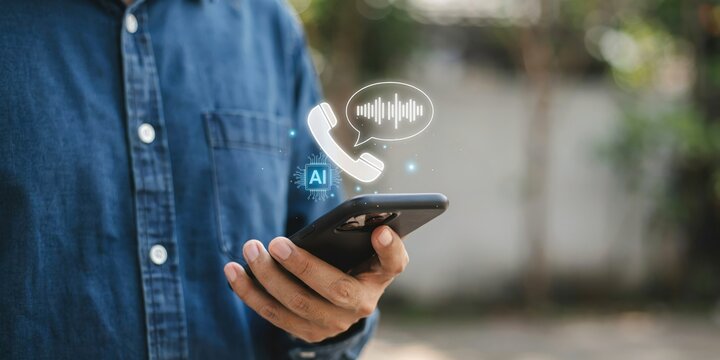 Person using smartphone with ai interface and call icon, concept of artificial intelligence communication.