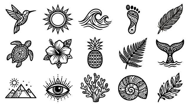 Various tropical and nature icons. abstract tropical boho vector icons
