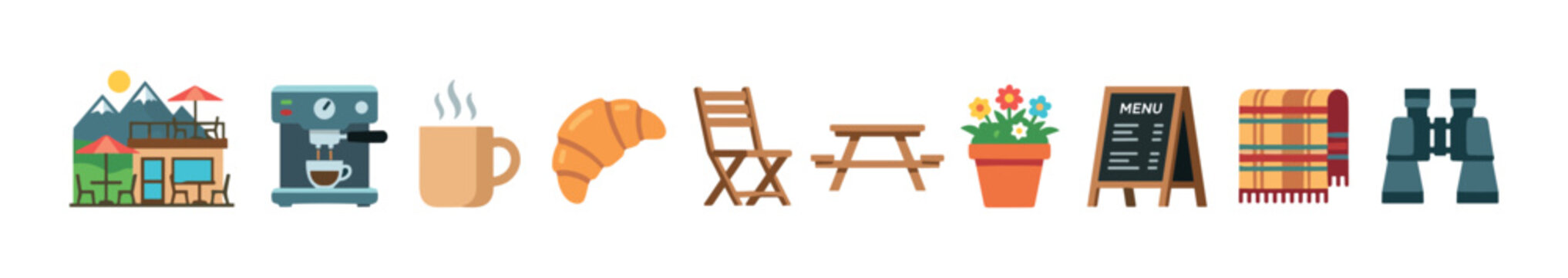 Cozy coffee shop icon collection featuring mountain cabin espresso machine coffee mug croissant patio furniture flower pot menu board picnic blanket and binoculars