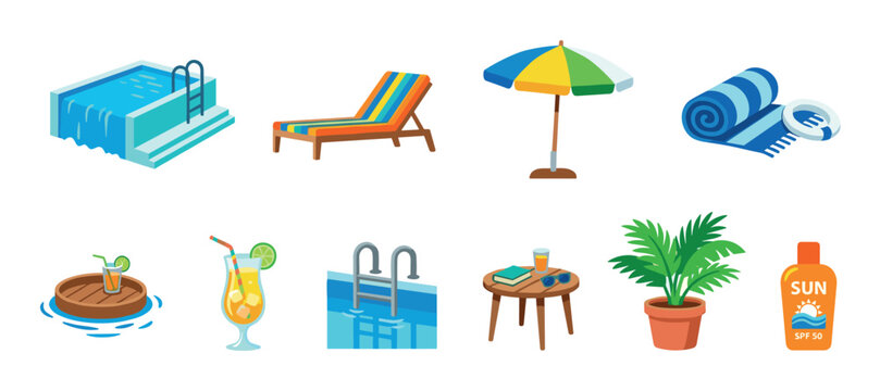 Isometric collection of summer vacation and poolside items, including a swimming pool, deck chair, umbrella, towel, and sunscreen.