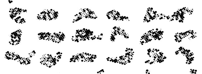 Set of abstract black halftone dot clusters, irregular organic shapes, camouflage pattern elements, and isolated design assets vector illustration. © Alfarizqi