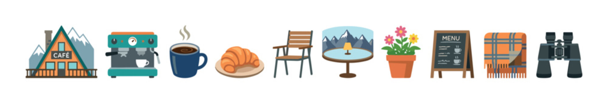 Various cafe and mountain travel essential items, including coffee, breakfast, outdoor gear, and a charming A-frame building, are presented in a flat design.