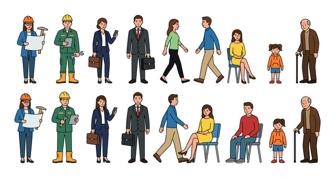 Diverse people characters representing various professions and age groups illustrate a wide range of human activities and societal roles.