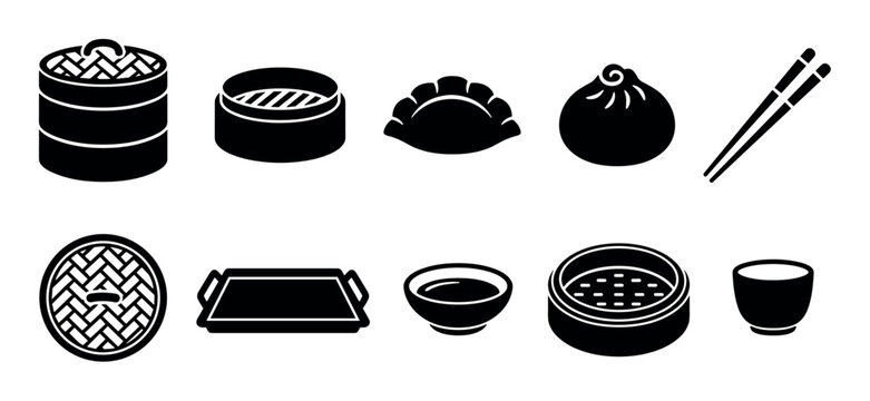 Dim sum, dumplings, and various Asian food icons are presented in a clean, minimalist black silhouette style, perfect for restaurant menus or culinary designs.