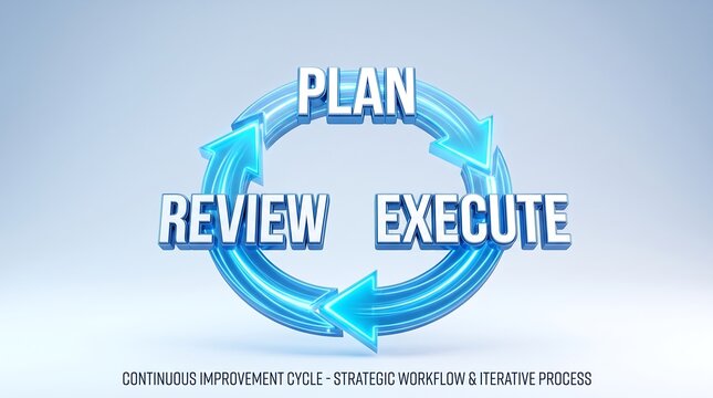 Continuous improvement cycle with plan execute review text, blue 3D circular arrow diagram, strategic workflow and iterative process concept