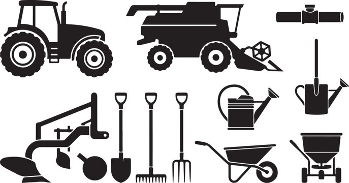 Farm and agriculture icon set with tractor harvester tools and irrigation
