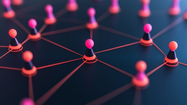Macro 3D render of interconnected pink and black game pawns on a dark surface, symbolizing digital network connectivity and social structure, Networking, Technology