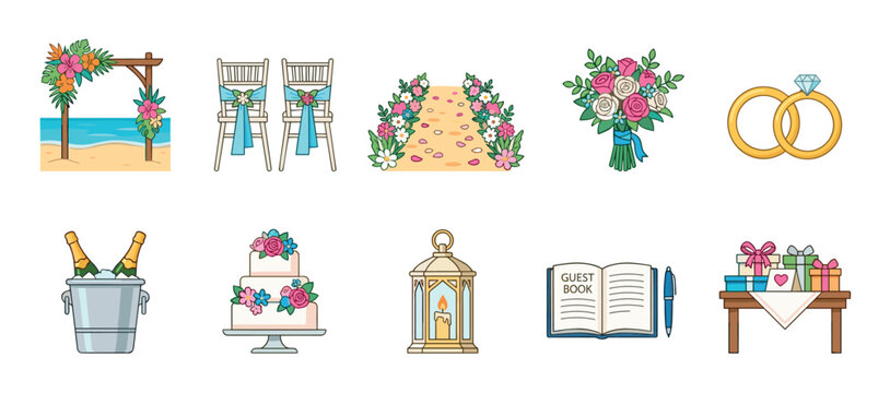 Collection of wedding elements, icons, and illustrations featuring a comprehensive set of essential items for a beautiful and joyous marriage celebration.