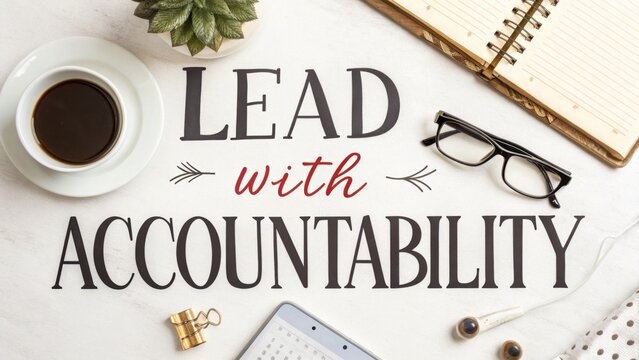 Inspiring Desk Setup with Coffee, Notepad, Glasses, and Motivational Quote on Accountability for Leadership Growth