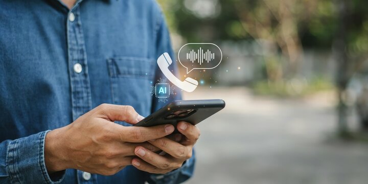 Person holding smartphone with ai voice assistant holographic interface.