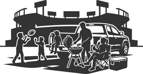 Family tailgating at a sports stadium with a grill and football © PIXAVIVE
