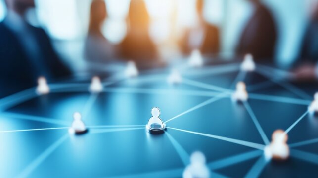 Macro shot of glass human figurines connected by glowing lines on a dark table, symbolic concept of corporate networking and team collaboration, business, teamwork