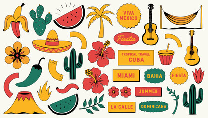 Mexican stickers set with colorful cactus guitar taco and summer elements in retro style. © Sorna Moni