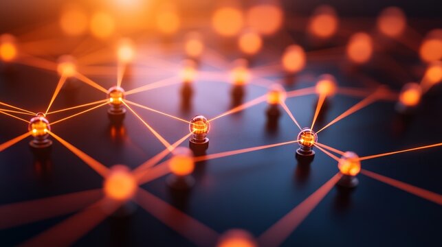Macro shot of glowing orange glass nodes connected by vibrant light beams on a dark textured surface, representing digital network connectivity, networking, technology