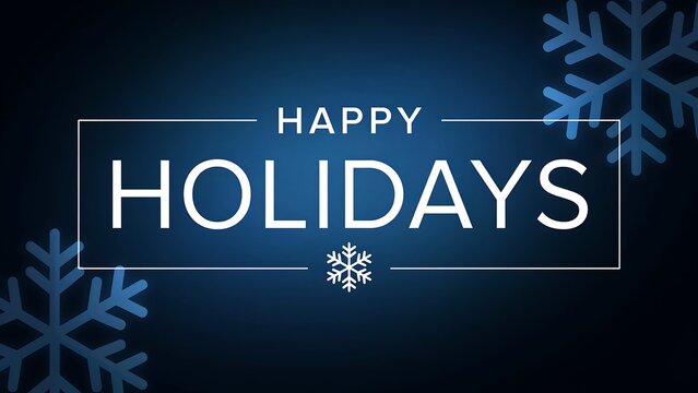 Happy holidays message in white letters with a snowflake icon, framed by a rectangle and adorned with blue snowflakes.