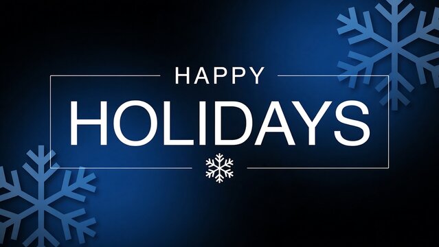 Happy holidays message in white letters with a snowflake icon, framed by a rectangle and adorned with blue snowflakes.