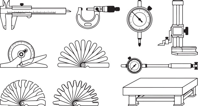 Precision measuring tools illustration: caliper micrometer gauge dial gear set