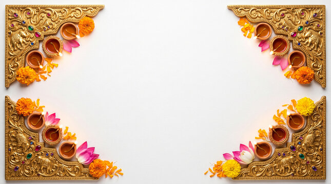 Deepavali festival gold ornate corner decoration with lit diyas marigold lotus and pearls, blank copy space white background for greeting card