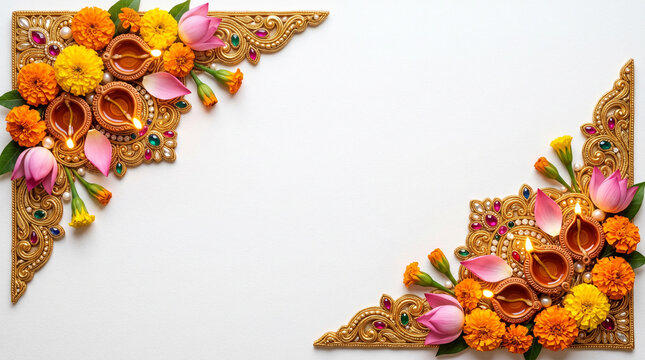 Diwali gold jeweled corner frame with elephant motif diyas marigold and lotus flowers, empty center copy space on white background festival template