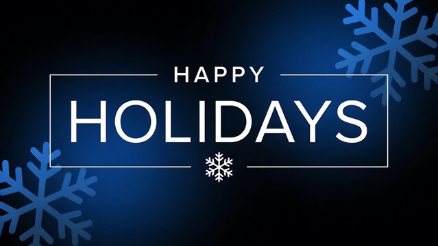 Happy holidays message in white letters with a snowflake icon, framed by a rectangle and adorned with blue snowflakes.
