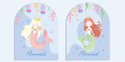 Fototapeta premium Cute Mermaid Princess Greeting Cards Set with Blonde and Red Haired Mermaids, Underwater Cartoon Vector Illustration