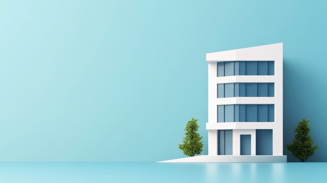 Minimalist 3D render of a modern white office building with blue glass windows, flanked by two small trees on a seamless light blue background, architecture, real estate