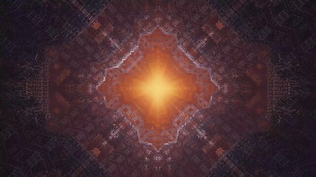 Glowing triangle moving in a sci-fi tunnel. Hypnotic background of 3D animation with random neon shapes. Abstract futuristic hi-tech motion background seamless loop for VJ screens