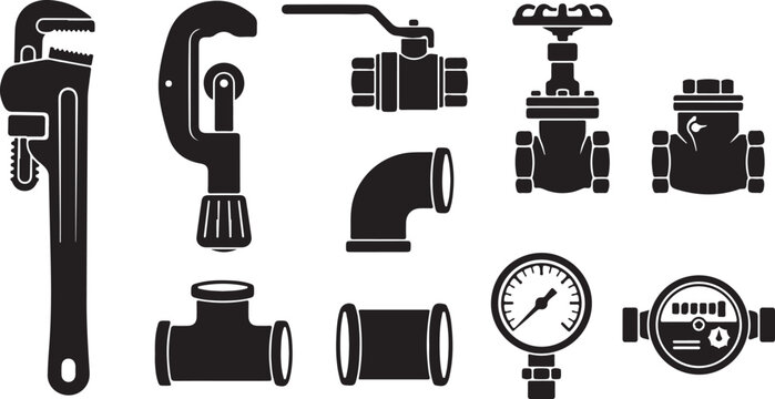 Plumbing tools and pipe fitting icons set in black silhouette vector
