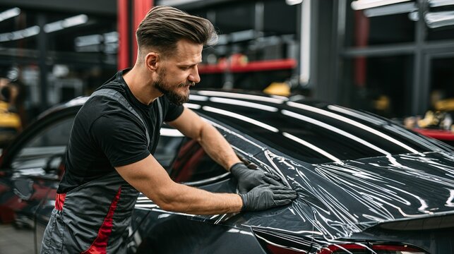 Car service worker is applying film to a car in a modern auto repair shop.
