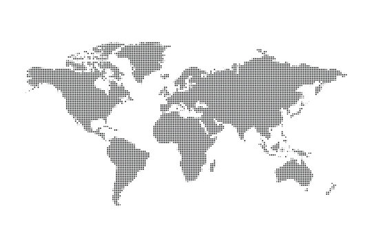 Global world map halftone dot pattern illustration for travel and business.
