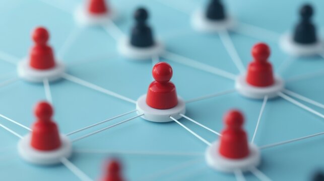 Red and black pawn figurines connected by white lines in a top-down network composition, conceptualizing business leadership and team networking, Networking, Connectivity