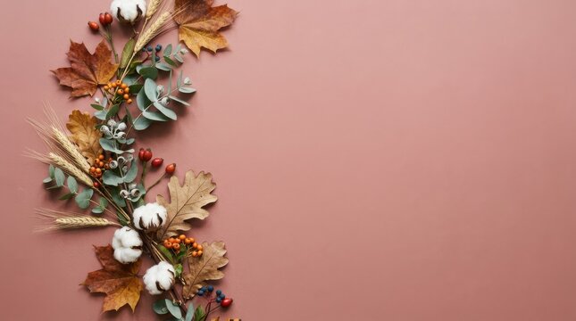 Festive thanksgiving background with autumn leaves wheat and cotton floral arrangement