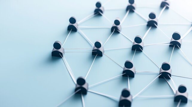 Top-down view of black 3D human figures connected by thin white lines on a pastel blue background, representing a global social network and corporate team collaboration. networking,