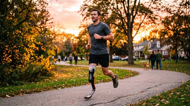 Man with Running Blade Prosthetic Jogging in Park at Sunset