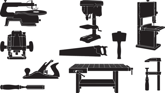 Woodworking Tools and Equipment Silhouette Illustration Set