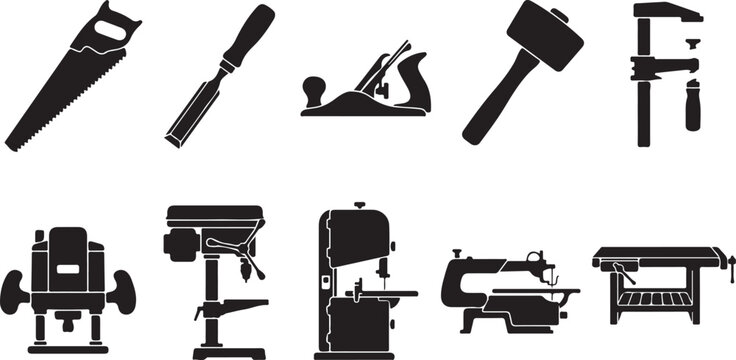 Woodworking tools and machinery black silhouette vector icons set