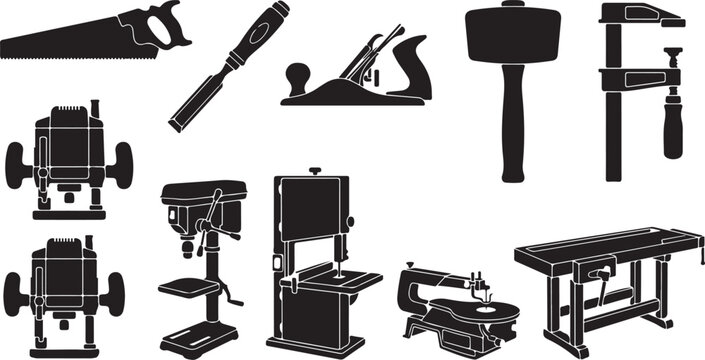 Black and white tool and machinery icon set for woodworking and construction