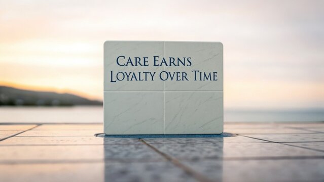 Inspirational Quote on Marble Block at Sunset by Beach Highlighting Care and Loyalty in Relationships and Business Growth