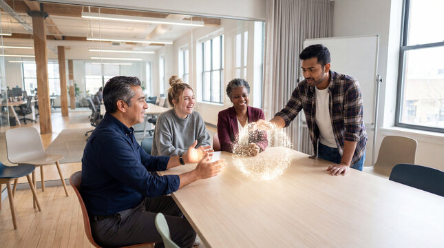 Business professionals collaborating around a digital innovation concept in a modern office