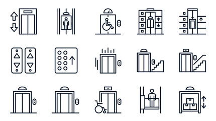 Dynamic Elevator and Accessibility Icons Set Black and White Line Art Illustrations for UI UX Design © santoso